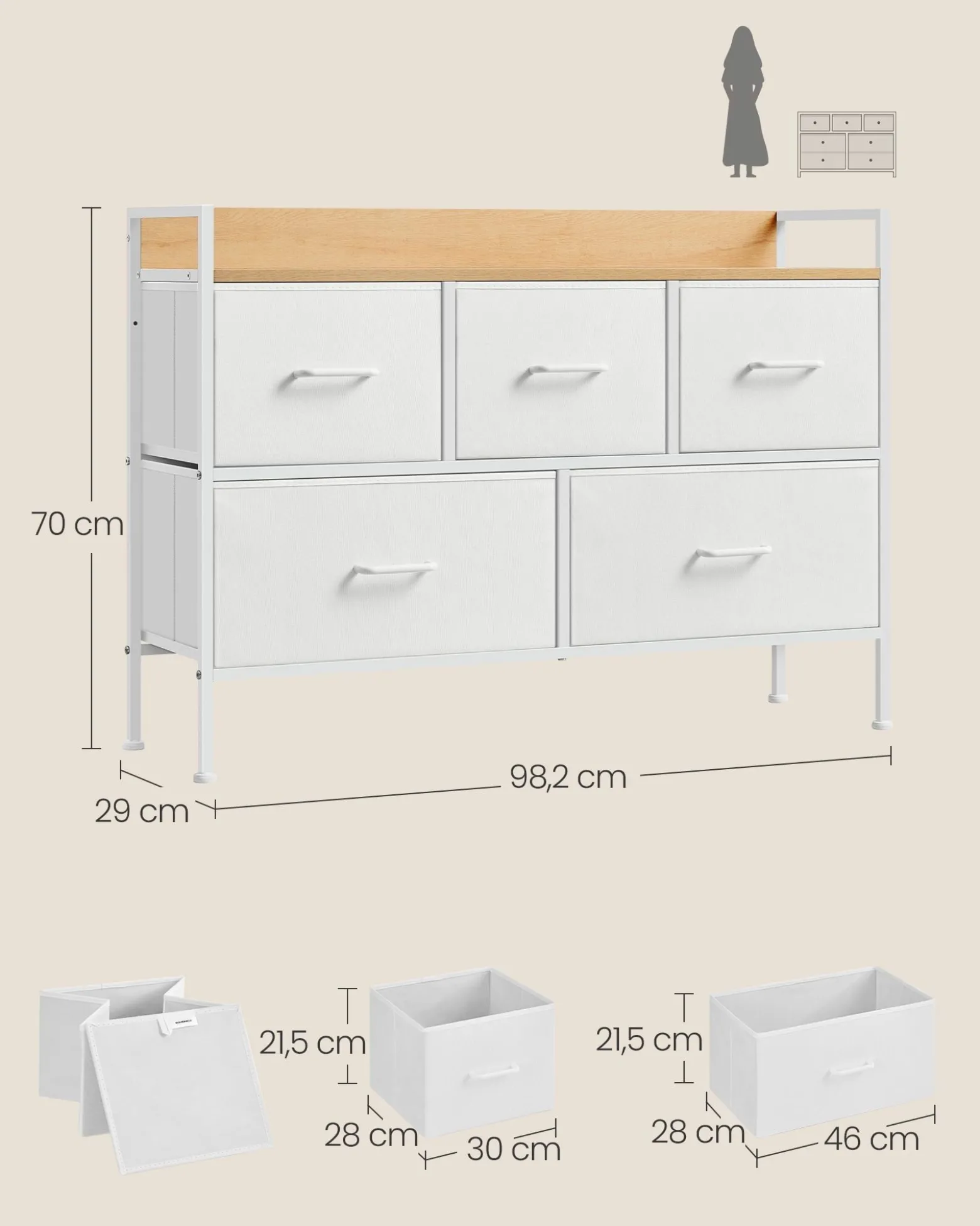 Wąska Biało-Beżowa Komoda 5 Szuflad MDF 70cm