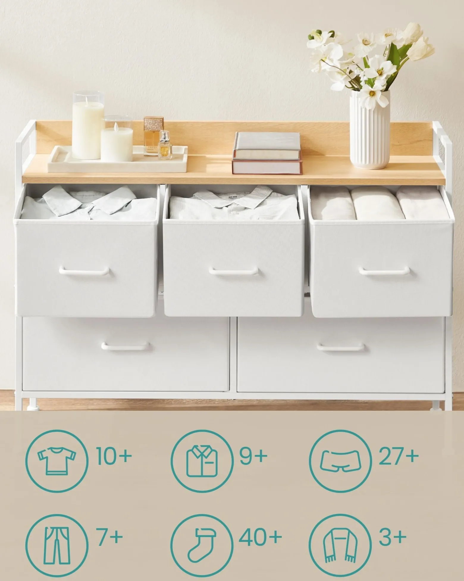 Wąska Biało-Beżowa Komoda 5 Szuflad MDF 70cm
