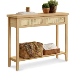 Wąska konsola do przedpokoju boho z 2 szufladami rattanowymi MDF beżowa