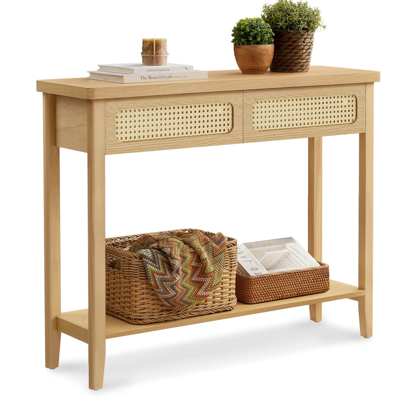 Wąska konsola do przedpokoju boho z 2 szufladami rattanowymi MDF beżowa