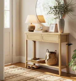 Wąska konsola do przedpokoju boho z 2 szufladami rattanowymi MDF beżowa