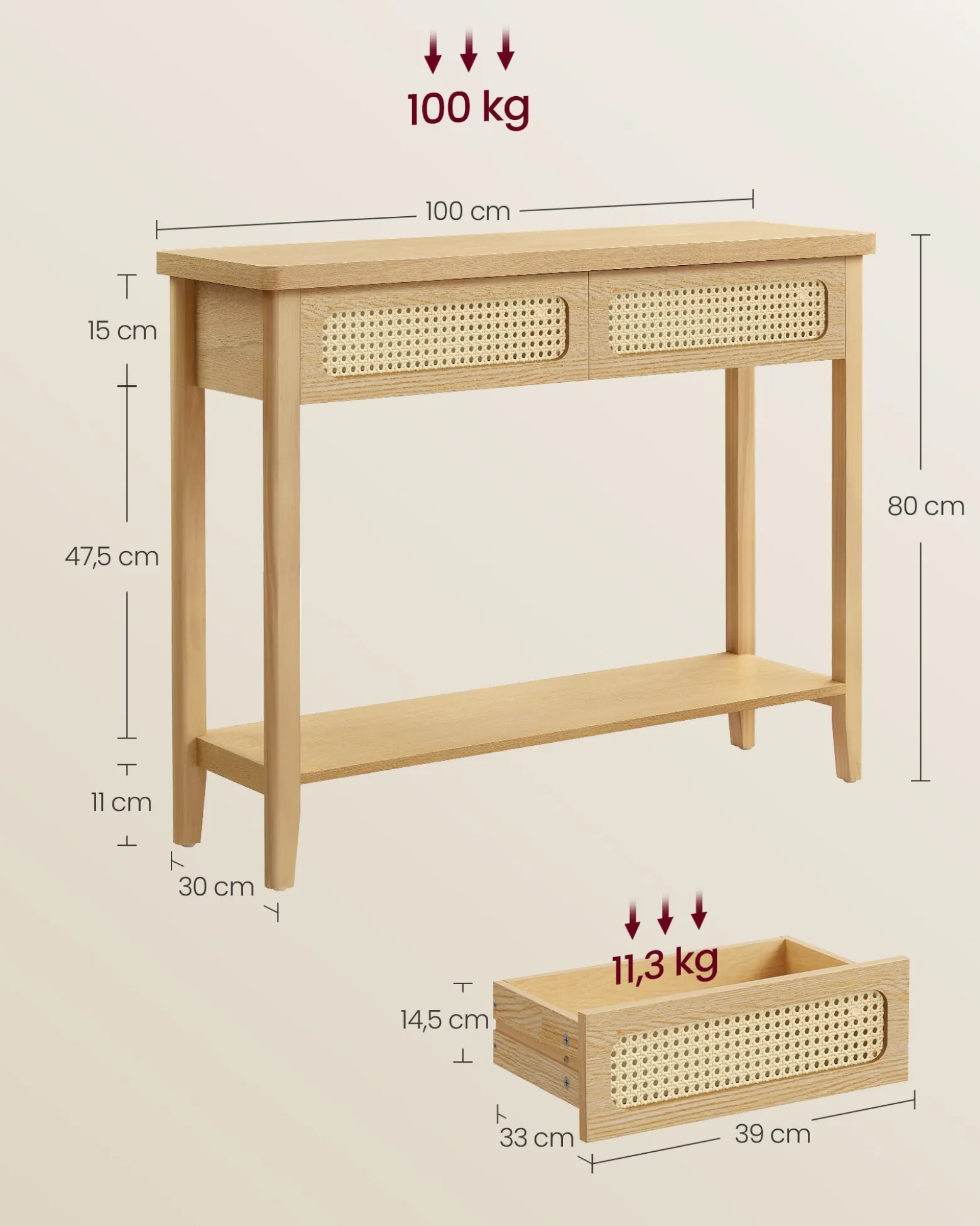 Wąska konsola do przedpokoju boho z 2 szufladami rattanowymi MDF beżowa