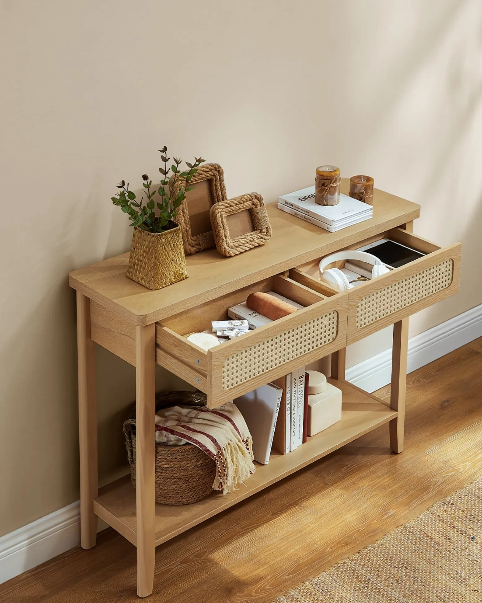 Wąska konsola do przedpokoju boho z 2 szufladami rattanowymi MDF beżowa