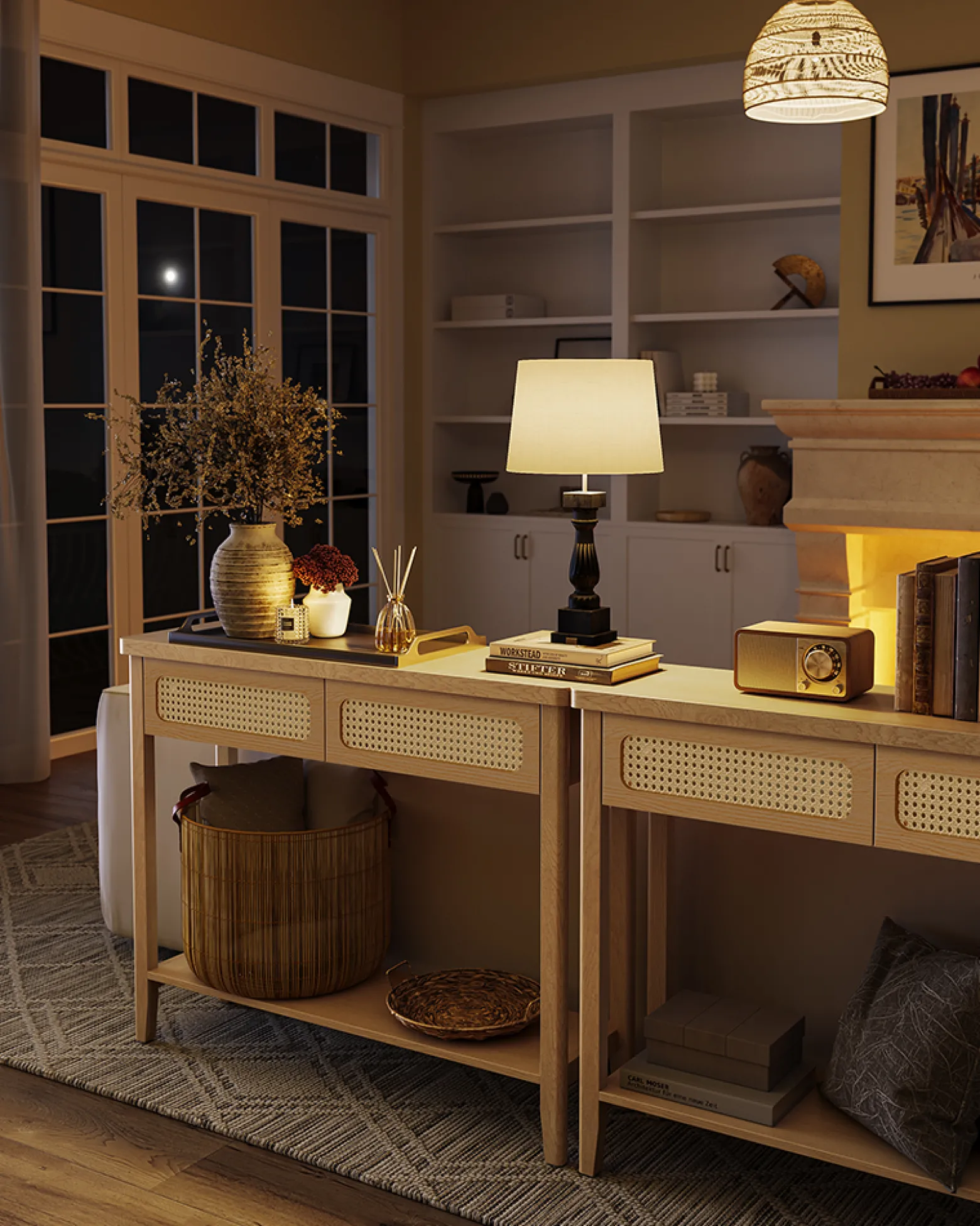 Wąska konsola do przedpokoju boho z 2 szufladami rattanowymi MDF beżowa