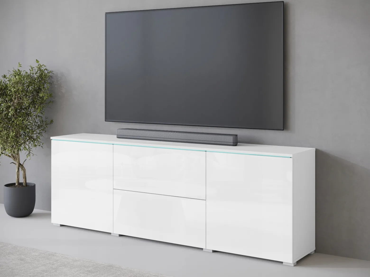 Wysoki lowboard 180 wysoka szafka pod TV szuflady biały mat/połysk z LED
