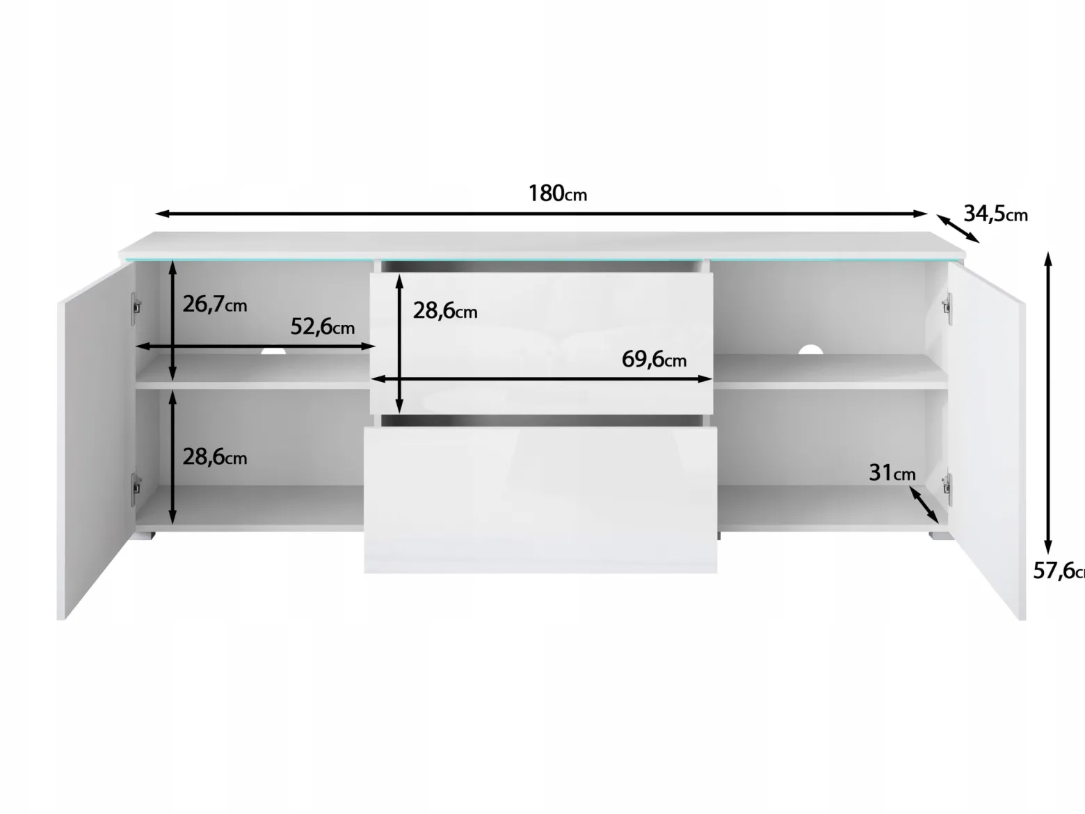 Wysoki lowboard 180 wysoka szafka pod TV szuflady biały mat/połysk z LED
