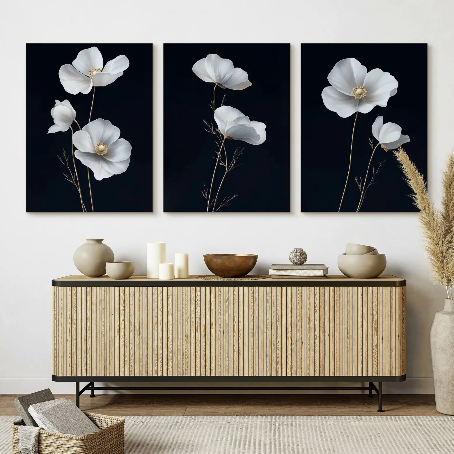 3x Obraz Set Białe Maki Polne Kwiaty Minimalizm 30x40cm