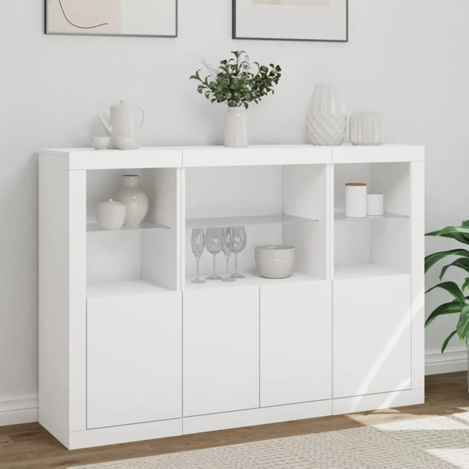 3x Szafka Komoda Regał Biała LED Szklana 142.5x37x100 cm do Salonu Pokoju