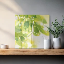 Zegar liść 30x30 Liście zielona natura liść szklany mechanizm