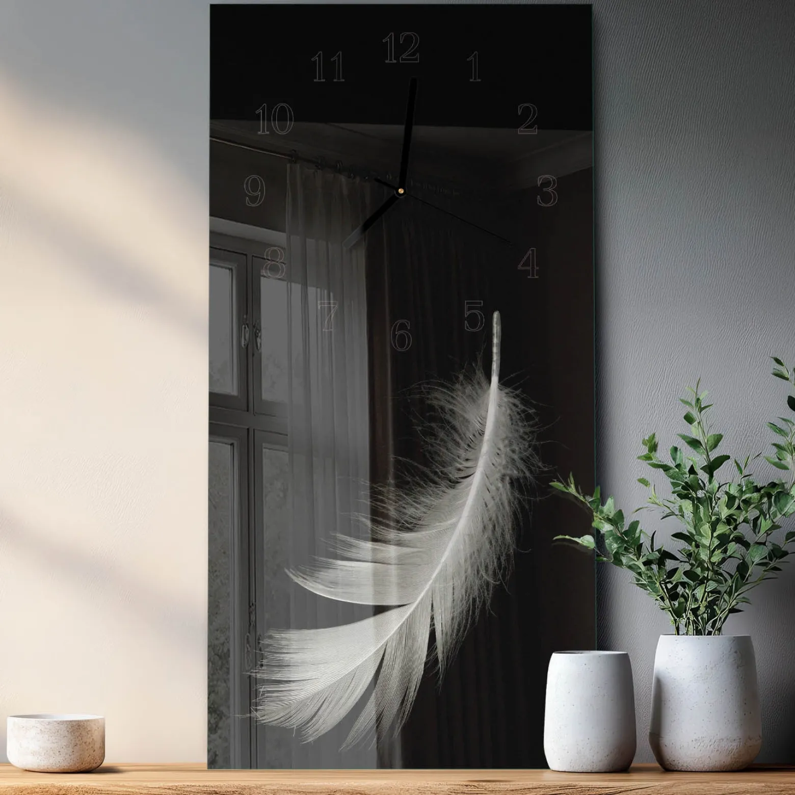 Zegar premium 30x60 Pióro dekoracyjny na ścianę