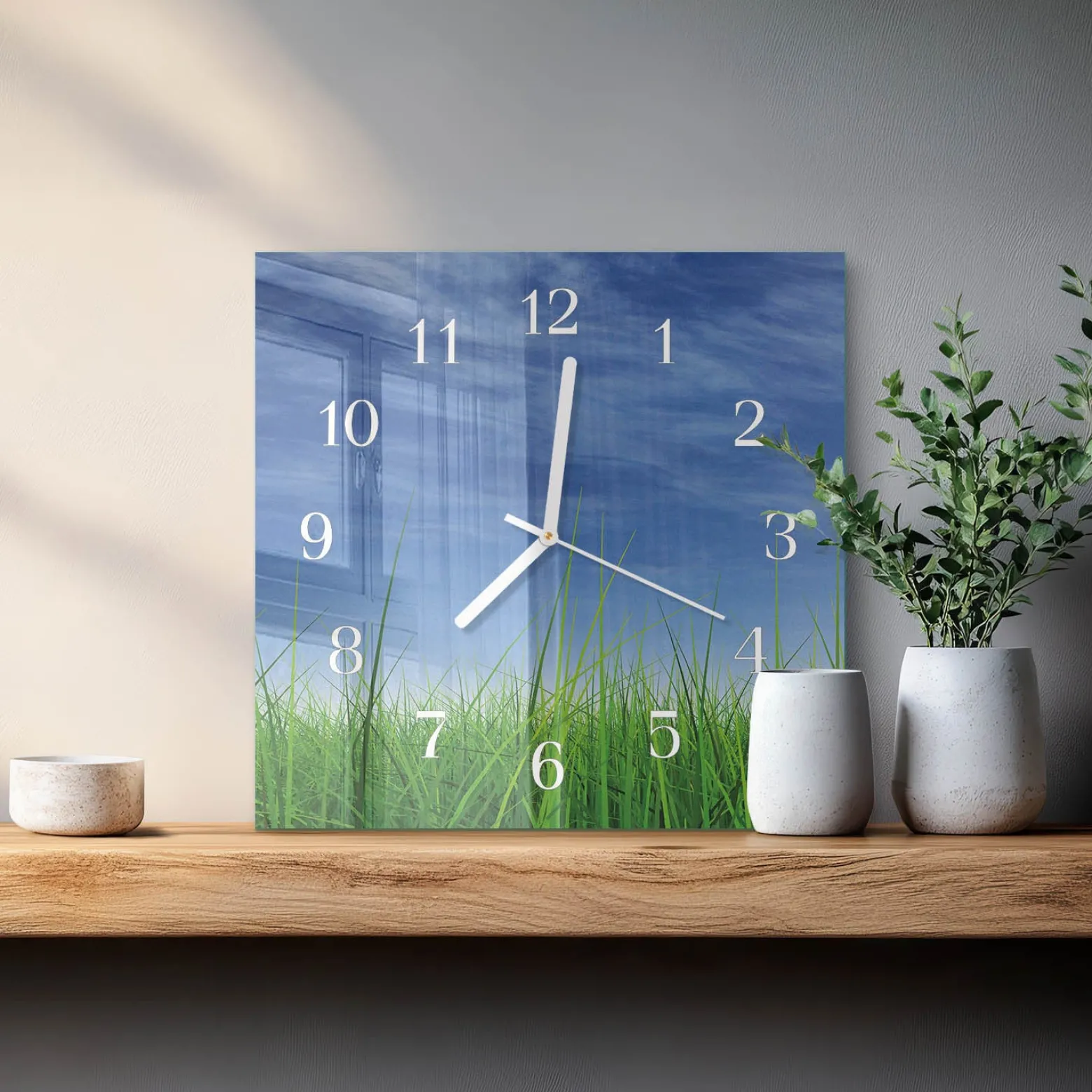 Zegar szklany 30x30 Trawa zielona natura ekologia cichy pokój