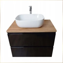 Zestaw Łazienkowy Szafka Czarna Wisząca Połysk MDF + Blat Dąb Złoty 60 cm