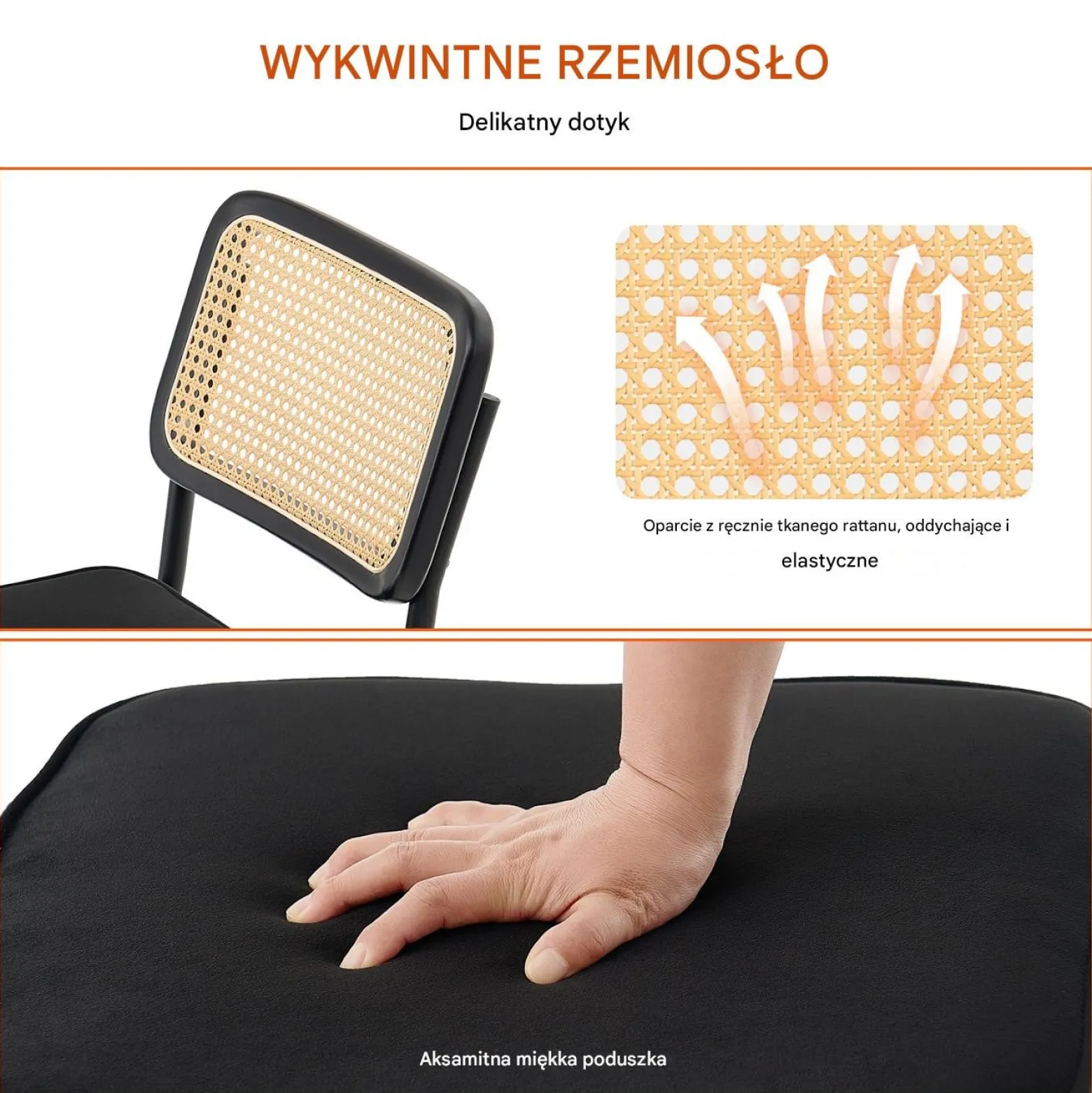 Zestaw 4 czarnych krzeseł z plecionym siedziskiem