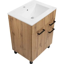 Zestaw do Łazienki 60cm Szafka z Umywalką Słupek 50cm Lustro Dąb Wotan