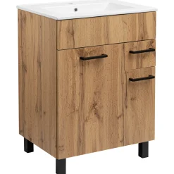 Zestaw do Łazienki 60cm Szafka z Umywalką Słupek 50cm Lustro Dąb Wotan
