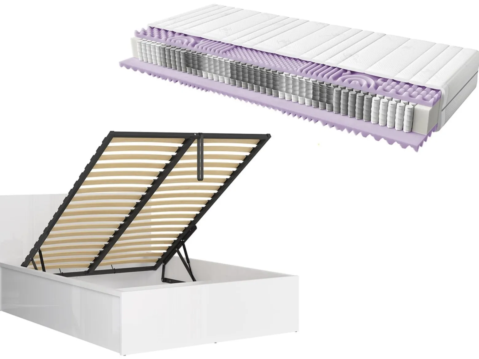Zestaw łóżko Tetrix biały połysk ze stelażem i materac Mimas 140x200
