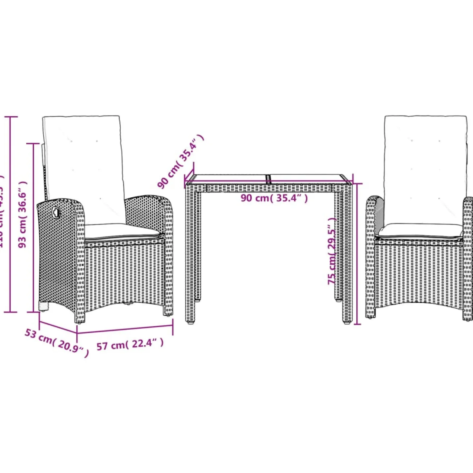 Zestaw Mebli Ogrodowych Bistro Rattan Czarny 2 Krzesła Stół na Balkon