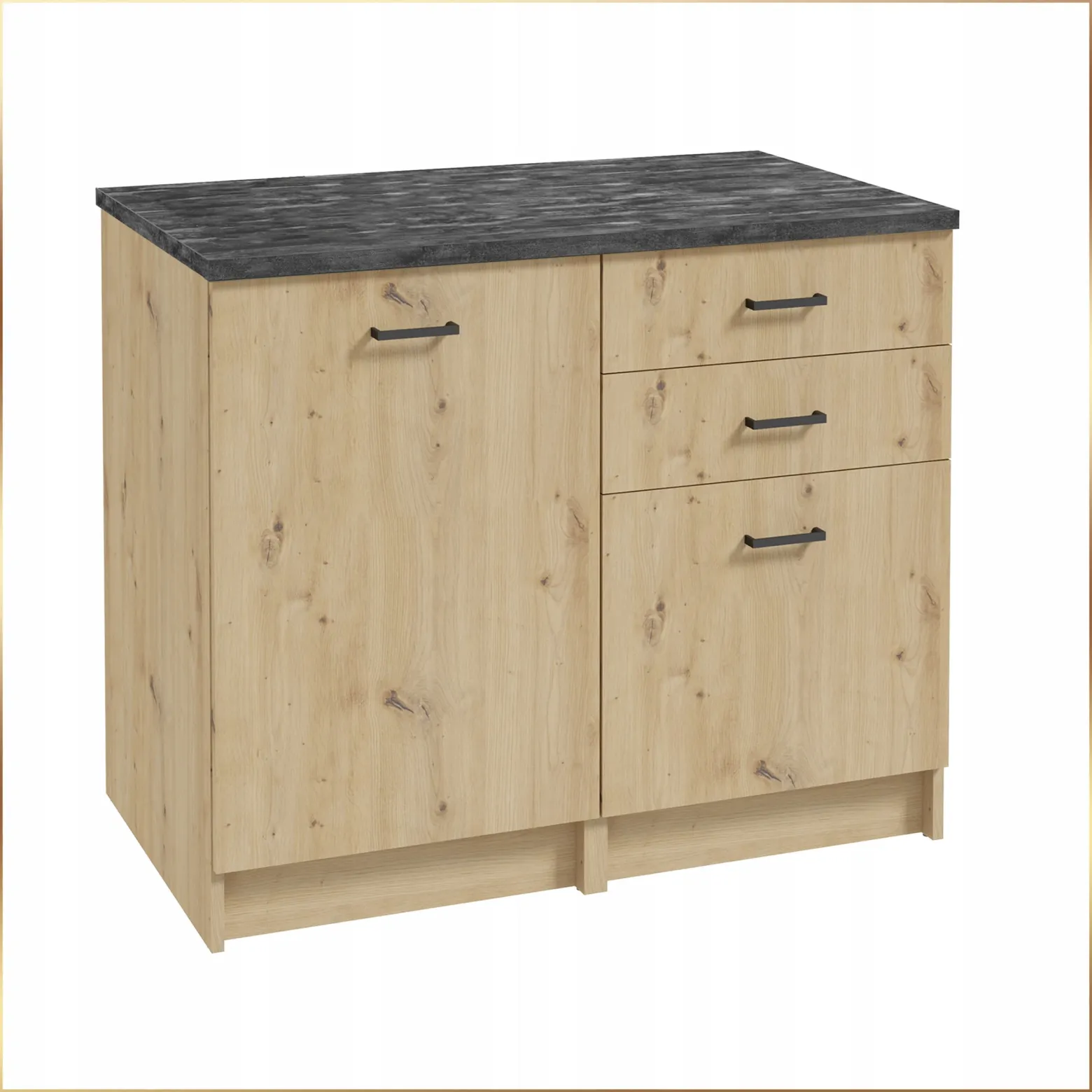 Zestaw Szafek Kuchennych 100 x 60 cm Dąb Artisan Szuflady Blat Beton Czarny